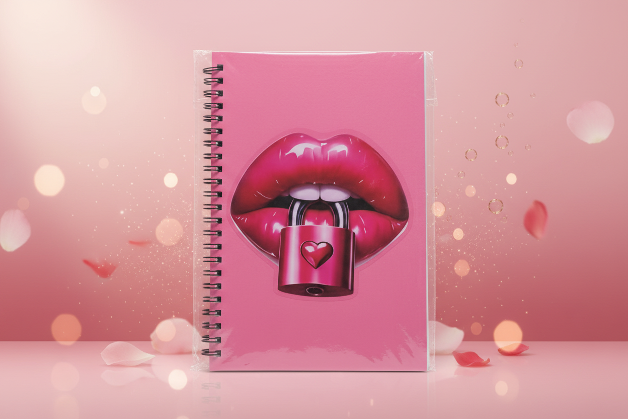 Notebook with a design of red lips around a pink lock on a pink background