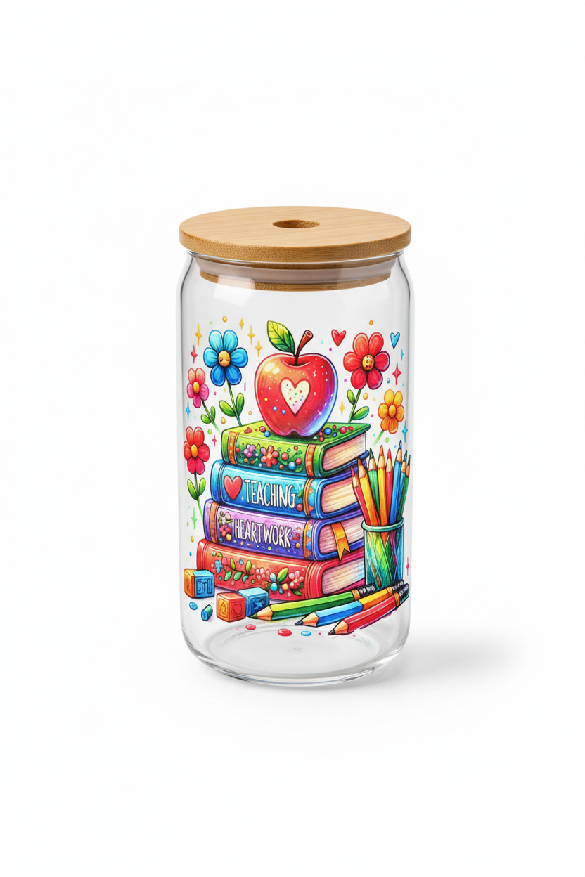 Teacher 1 Libby glass tumbler with rounded edges and wood lid