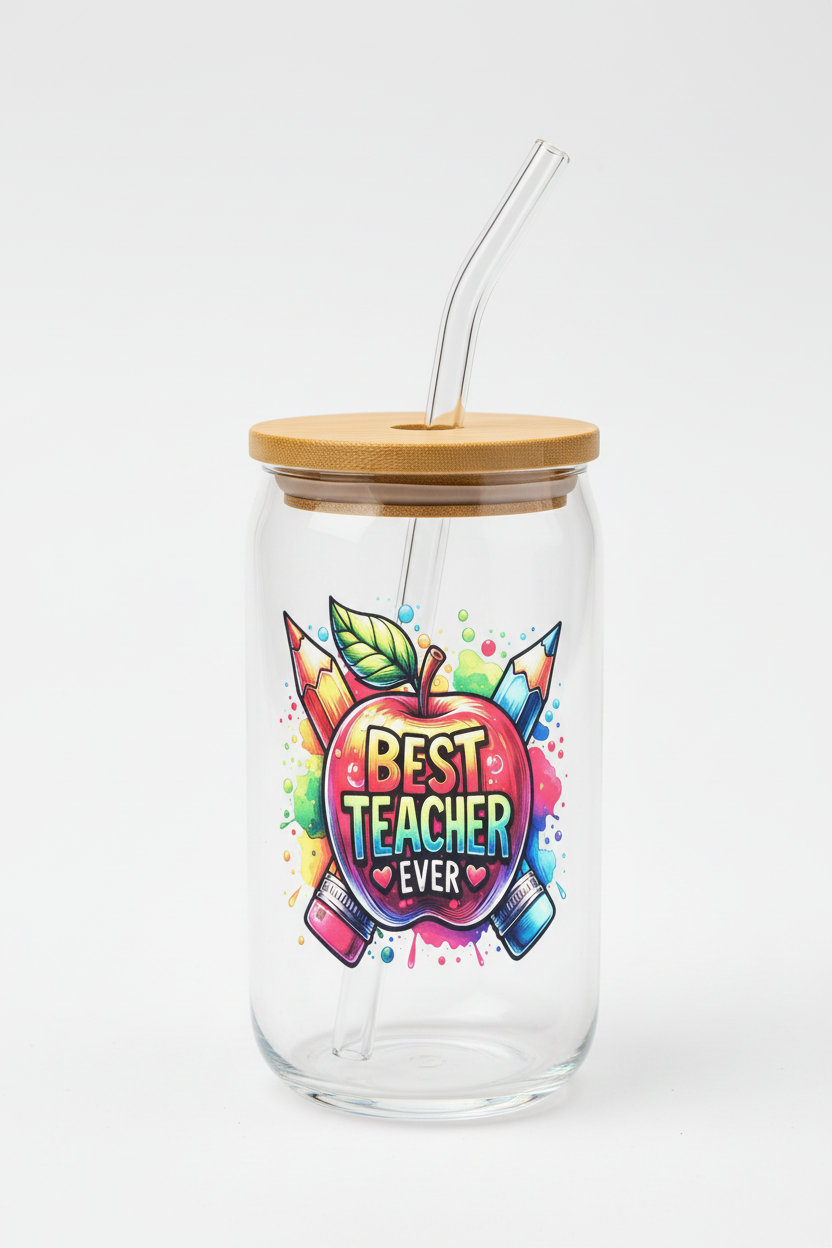 Teacher 2 Libby glass tumbler with wood lid, drink hole, and glass straw